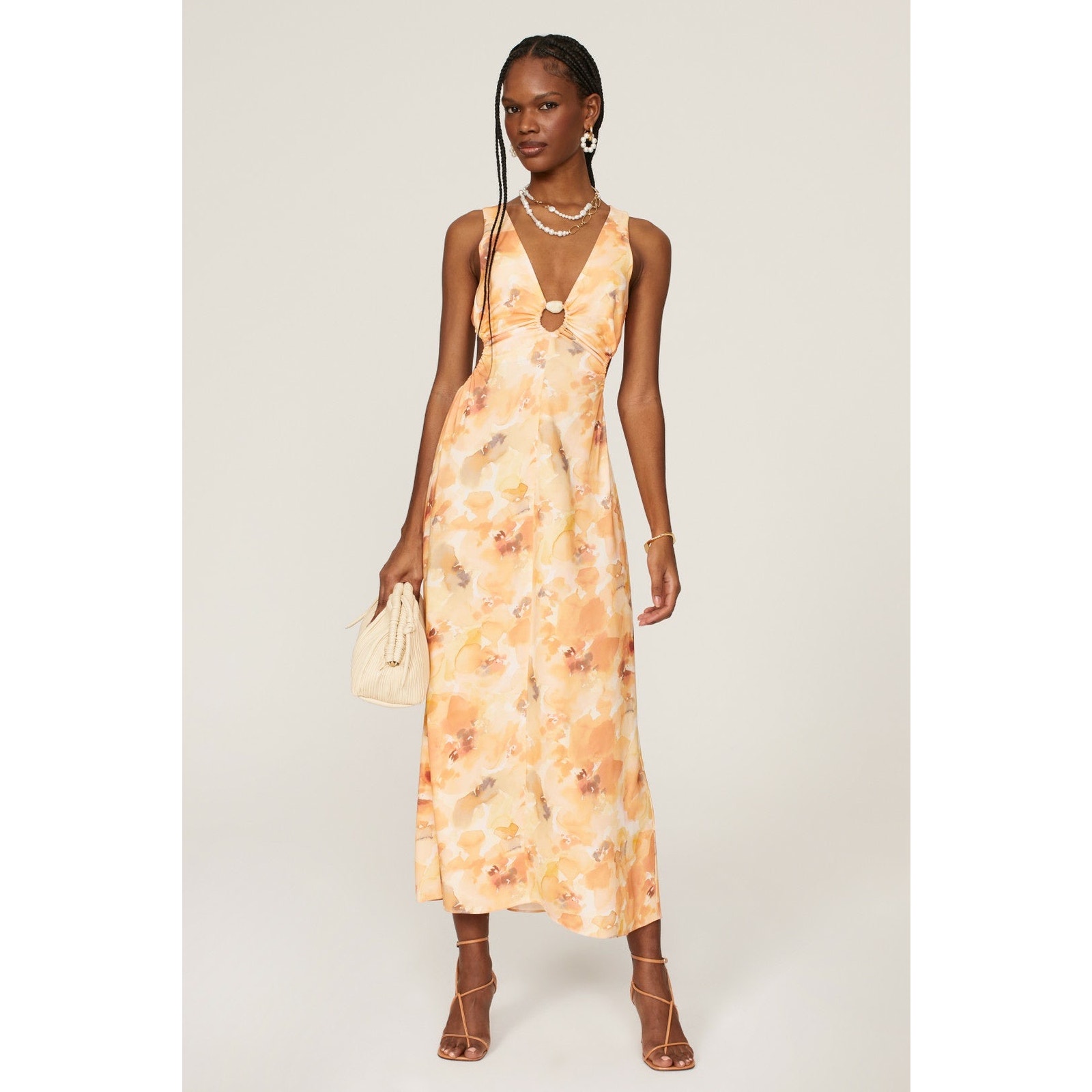 Significant Other Libby Cream Floral Plunge Neck Sleeveless Slip Maxi Dress Sz 8